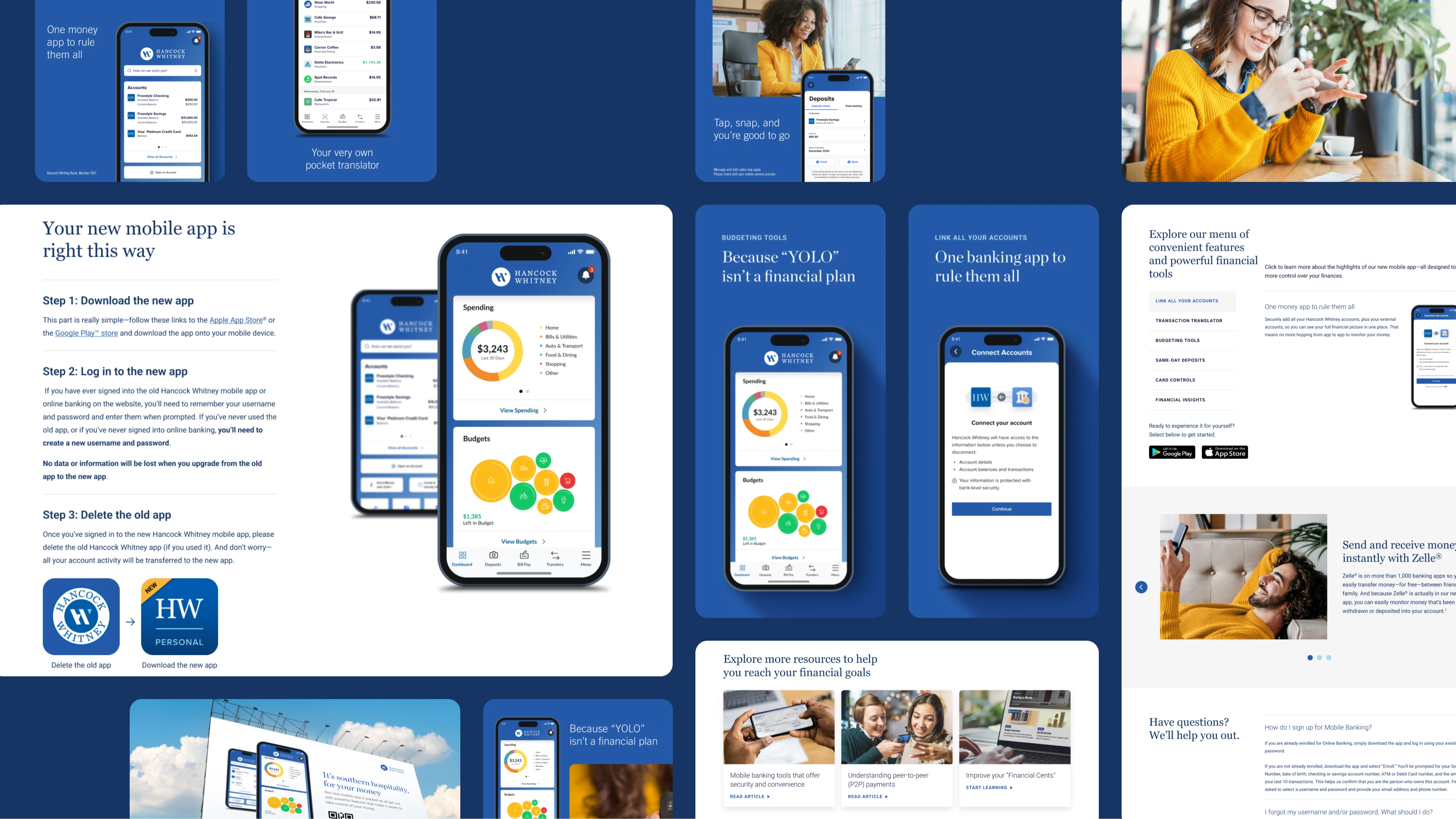 Series of mobile screens introducing the new HWB app.