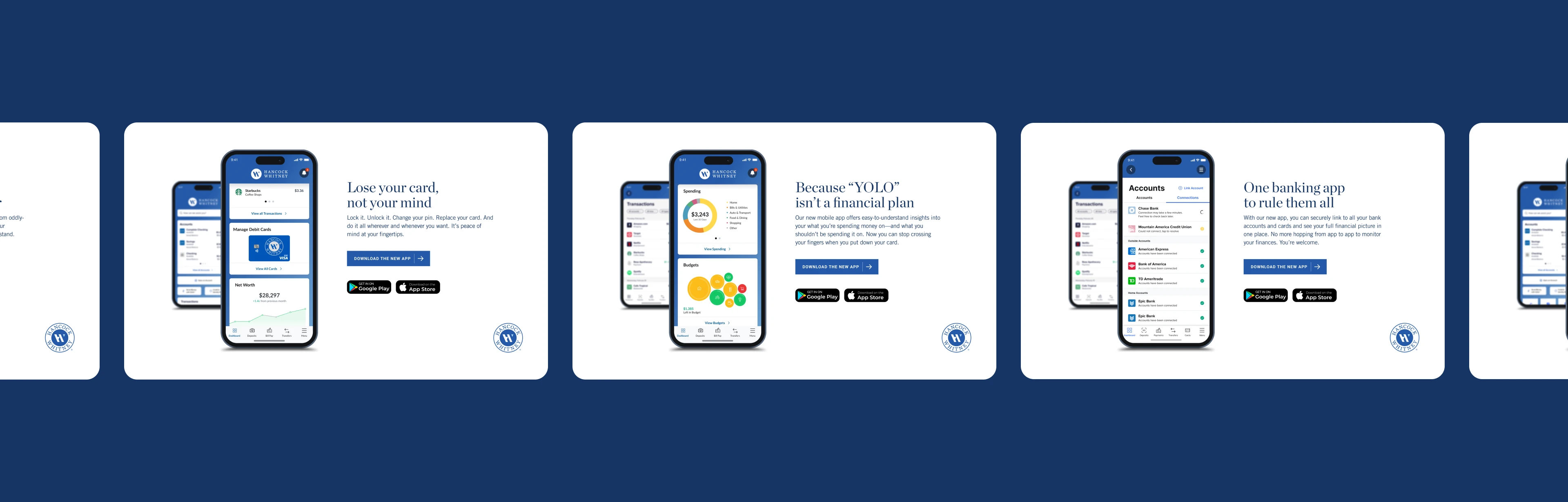 Series of mobile screens introducing the new HWB app.